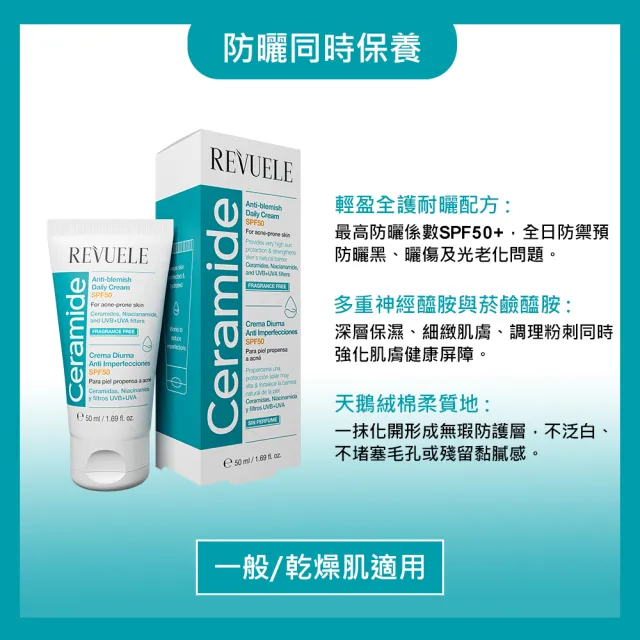 【REVUELE 瑞膚露】全日防曬乳SPF50+ 50ml-2入/3款任選(控油清爽/保濕輕透/神經醯胺淨瑕)