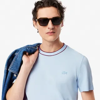 【LACOSTE】男裝-修身撞色領圍短袖T恤(淺藍色)