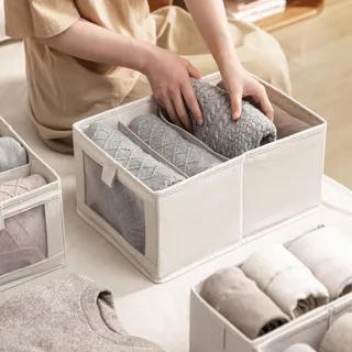 【SHIMOYAMA 霜山】4分隔布藝摺疊式分類收納盒-附透窗-L-3入(分隔式衣物收納盒/衣櫃內衣整理盒)