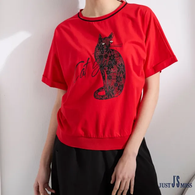 【Just J’S Miss】圓領蕾絲圖騰貓短袖棉T J24S2612