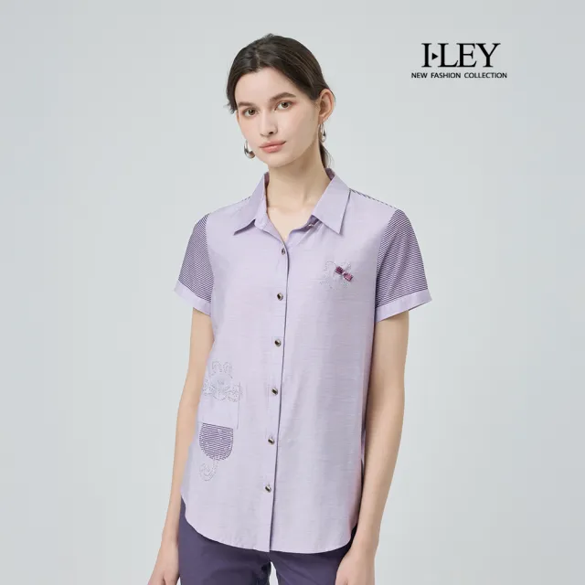 【ILEY 伊蕾】條紋拼接水鑽造型縲縈襯衫(紫;M-2L;1252211523)