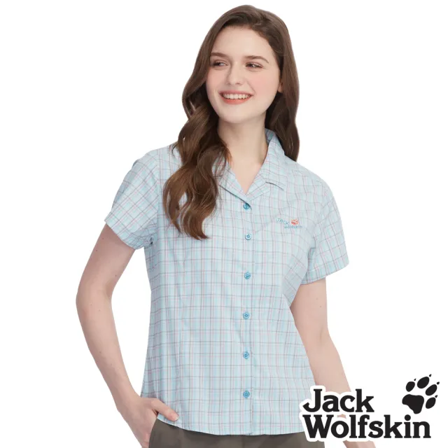 【Jack wolfskin 飛狼】女 優雅翻領格紋防曬短袖襯衫(藍)