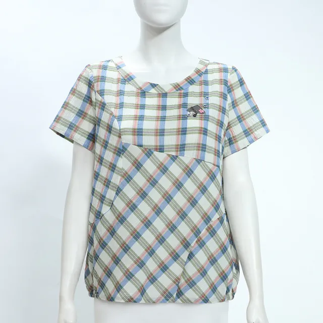【ILEY 伊蕾】格紋剪接寬鬆純棉上衣(淺綠；M-XL；1252211003)