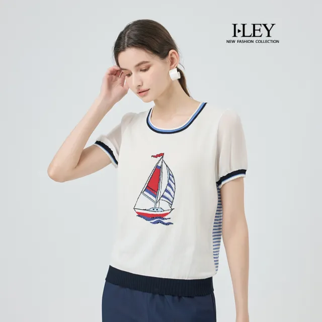 【ILEY 伊蕾】帆船緹織拼接棉質針織上衣(白；M-XL；1251405007)