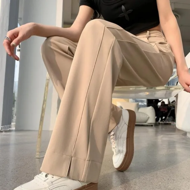 【baibeauty 白鳥麗子】率性純色西裝布後鬆緊側開衩落地直筒長褲