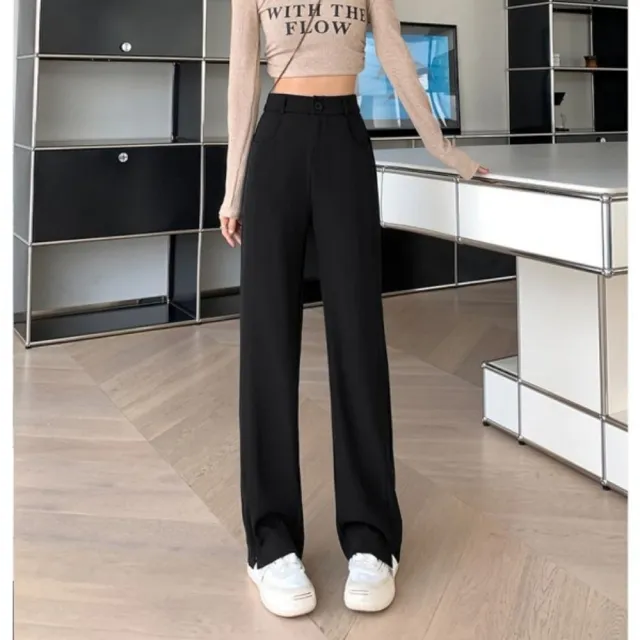 【baibeauty 白鳥麗子】率性純色西裝布後鬆緊側開衩落地直筒長褲