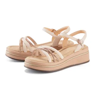 【MAGY】羊皮細帶鑽條踝帶楔型厚底涼鞋(杏色)