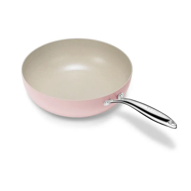 【Velosan 溫侖山】鵝卵石鑄鋁炒鍋32cm 附蓋-粉色(適用電磁爐、瓦斯爐、IH爐等多種爐具)