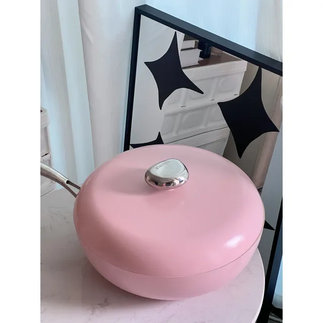 【Velosan 溫侖山】鵝卵石鑄鋁炒鍋32cm 附蓋-粉色(適用電磁爐、瓦斯爐、IH爐等多種爐具)