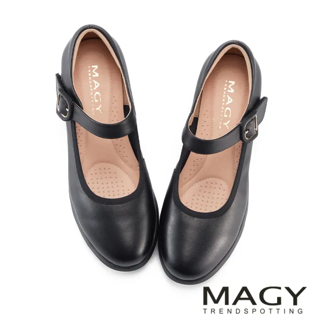 【MAGY】牛皮圓頭瑪莉珍厚底舒適休閒鞋(黑色)