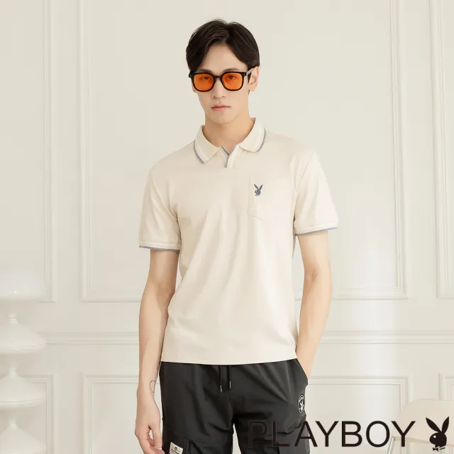 【PLAYBOY】V領配色羅紋POLO衫(灰奶茶色)