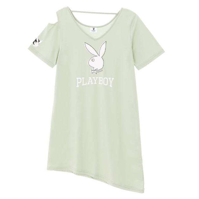 【PLAYBOY】涼感棉露肩短袖長上衣(粉綠色)