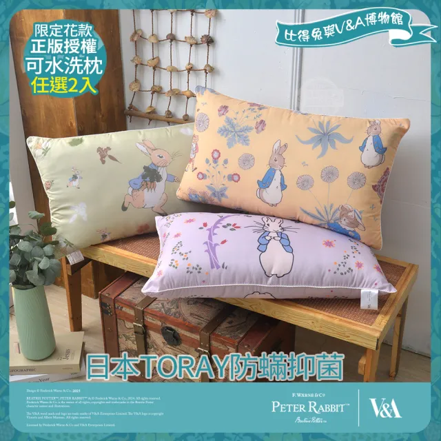 【PETER RABBIT 比得兔】比得兔與V\u0026A博物館 日本TORAY防蟎抑菌可水洗枕-任選(2入/台灣製/抗菌枕/枕頭)