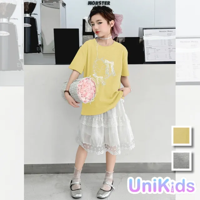 【UniKids】中大童裝短袖T恤 立體蕾絲蝴蝶結上衣 女大童裝 VP2515(灰 黃)