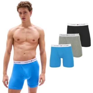 【Tommy Hilfiger】男內褲 3件組 純棉 四角內褲(長版貼身 寶藍+灰+黑 3件組)