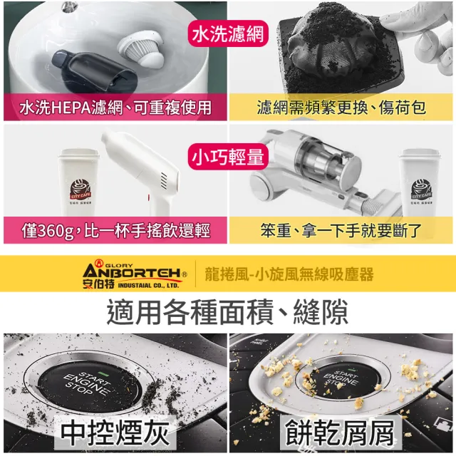 【ANBORTEH 安伯特】小旋風車用吸塵器 國家認證 一年保固-快(無線手持 車家兩用 強勁吸力 USB充電)
