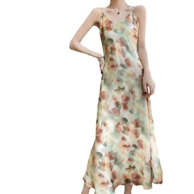 【巴黎 】  絲質洋裝緞面長裙絲綢洋裝天絲細肩帶連身裙 吊帶碎花V領女裙子a1iz14 