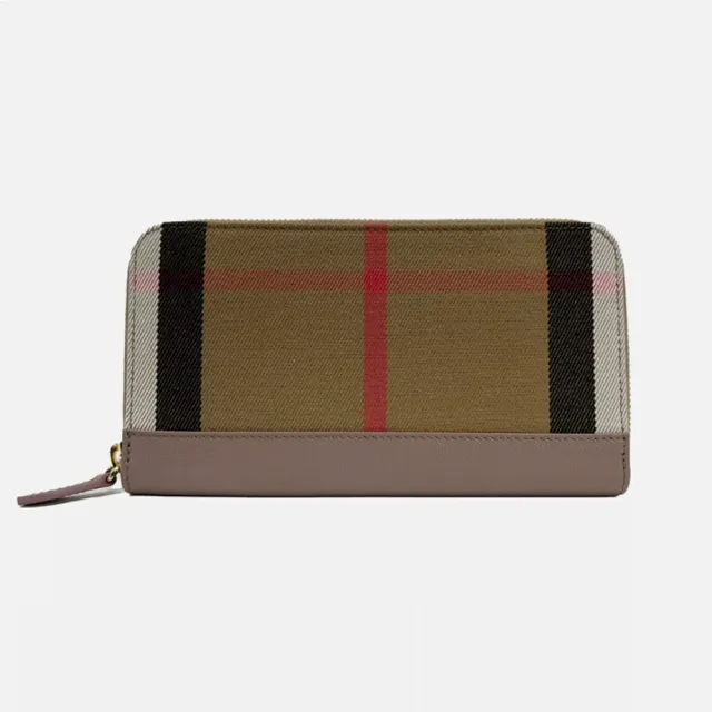 【BURBERRY 巴寶莉】經典格紋帆布拼接牛皮拉鍊長夾 紫藕色(80845171)
