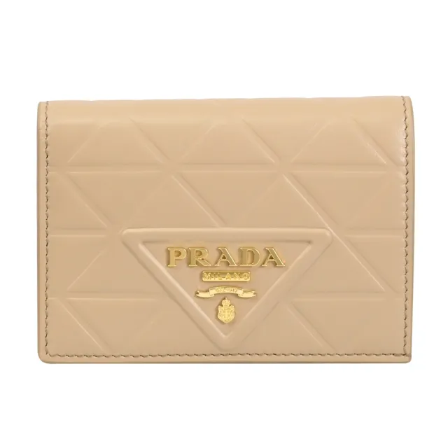 【PRADA 普拉達】經典浮雕三角LOGO皮革格紋對折零錢短夾(沙色)