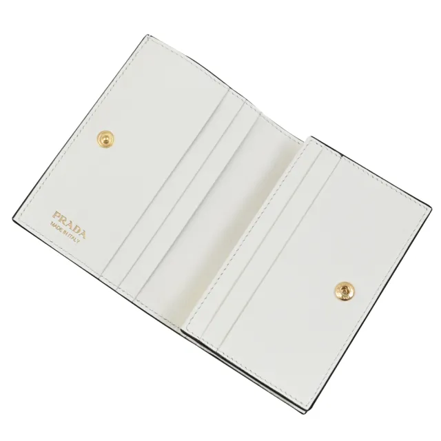 【PRADA 普拉達】簡約經典燙金LOGO素雅皮革對折零錢短夾(白)