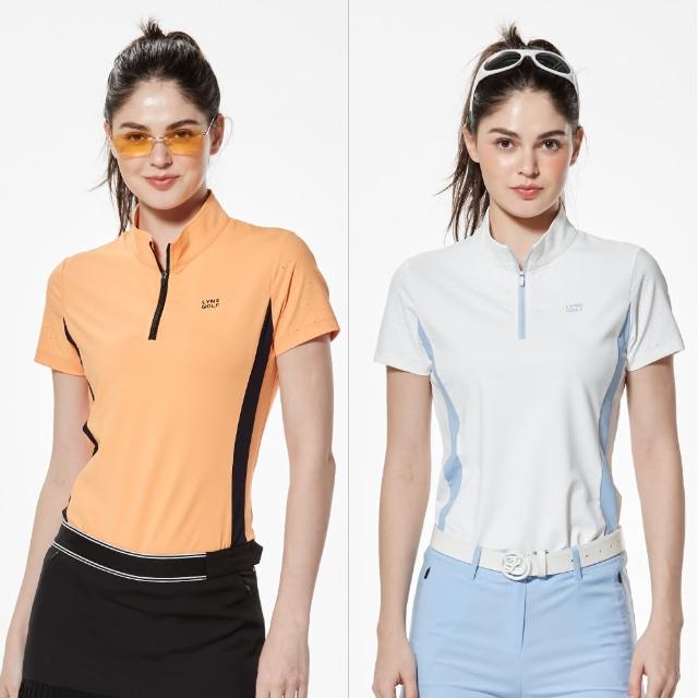 【Lynx Golf】首爾高桿風格！女款合身版彈性舒適洞洞沖孔布料脇邊配色短袖立領POLO衫/高爾夫球衫(二色)
