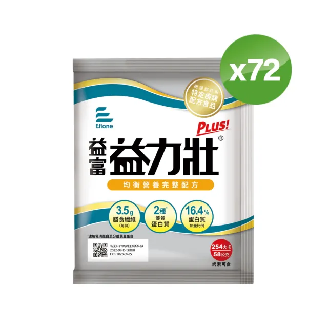 【益富】益力壯Plus 營養均衡配方 方便包 58g*24入*3袋(乳清蛋白+黃豆蛋白)