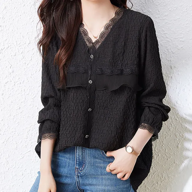 【麗質達人】5220黑色V領長袖上衣-AA (M-4XL)