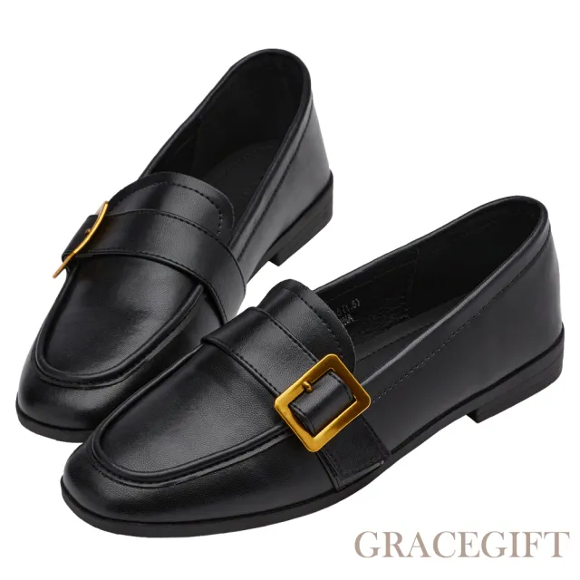 【Grace Gift】紳士金屬皮帶扣方頭平底樂福鞋(黑)