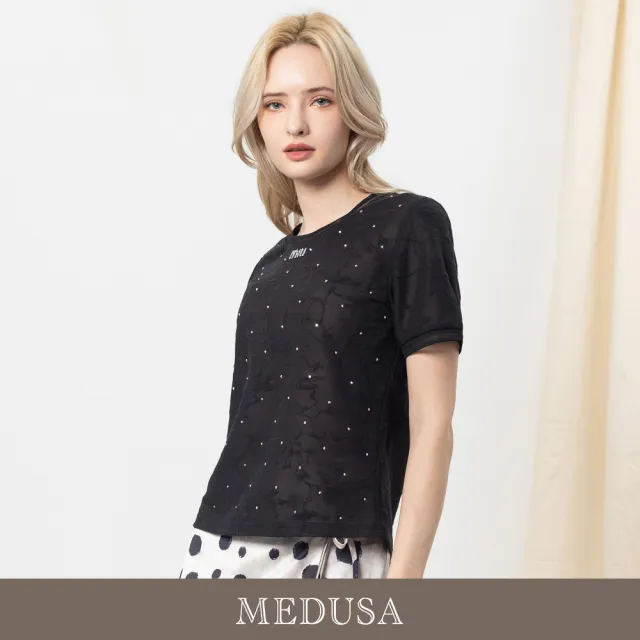 【MEDUSA 曼度莎】現貨-水鑽點點緹花微透上衣（M-2L）｜女上衣 氣質上衣 短袖上衣(601-30101)