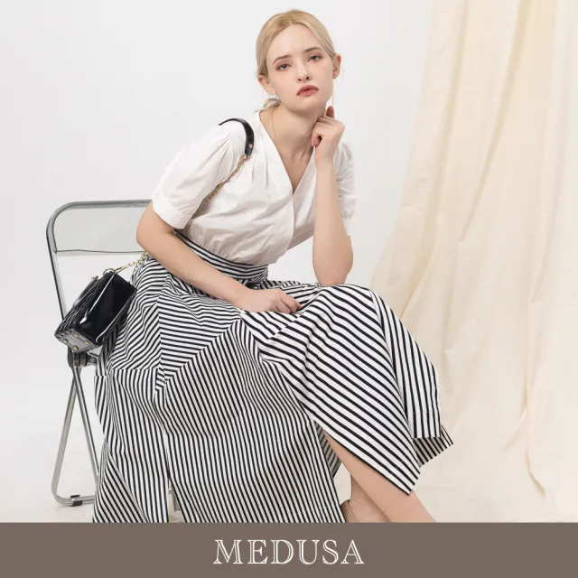 【MEDUSA 曼度莎】現貨-斜蓋純棉條紋拼接不規則洋裝（M-XL）｜長洋裝 休閒洋裝 上班穿搭(605-90506)
