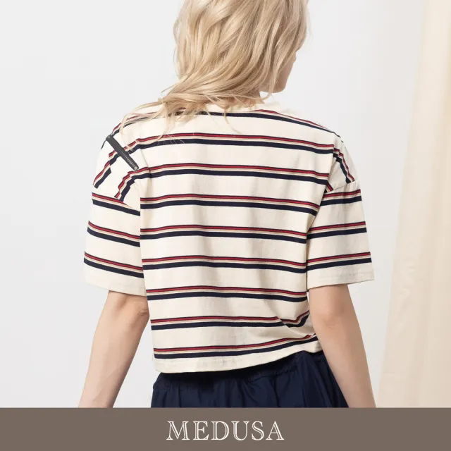 【MEDUSA 曼度莎】現貨-台灣製 海軍風條紋拉鍊寬鬆T恤（M-XL）｜女短袖T恤 女休閒上衣 條紋T恤(601-5150A)