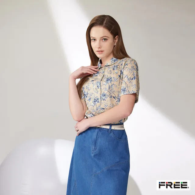 【FREE】進口有機棉印花小圓領襯衫(卡其)