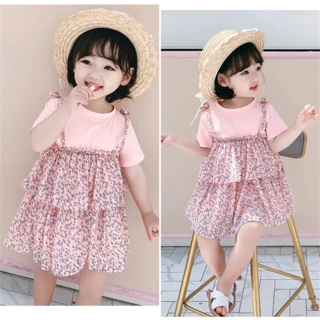 【安朵童舖】現貨韓版兒童短袖假兩件連身蛋糕裙女童碎花連身洋裝女寶短袖連身裙(003)