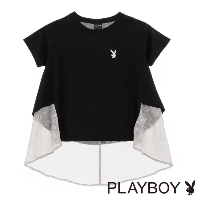 【PLAYBOY】寬鬆塗鴉雪紡拼接上衣(黑色)