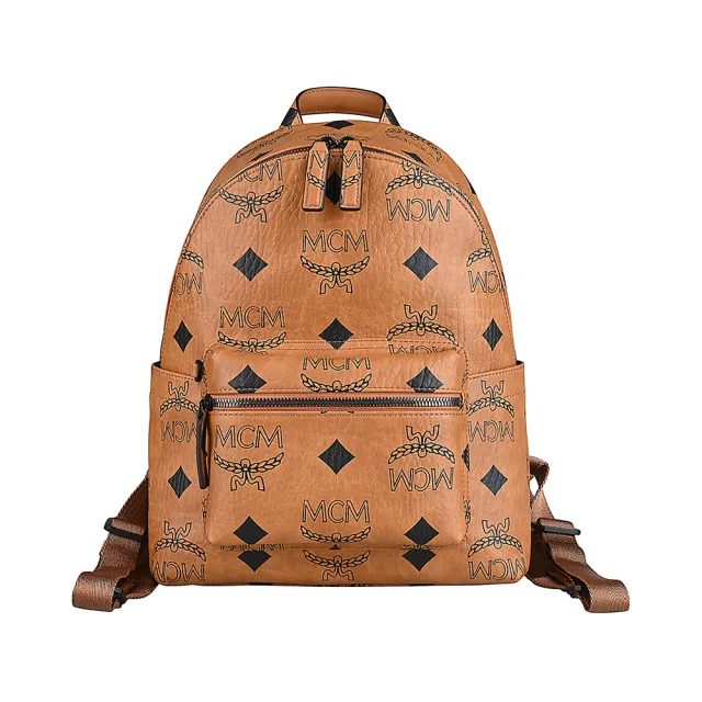 【MCM】MCM STARK MAXI VISETOS標誌印花圖案LOGO顆粒紋路設計小牛皮拉鍊後背包(小/駝棕)