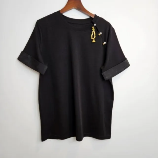 【SuperWands】珠綴飾斜襟絲棉上衣