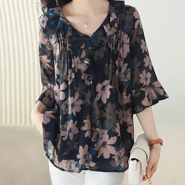 【麗質達人】6922黑色印花上衣-AA(M-3XL)