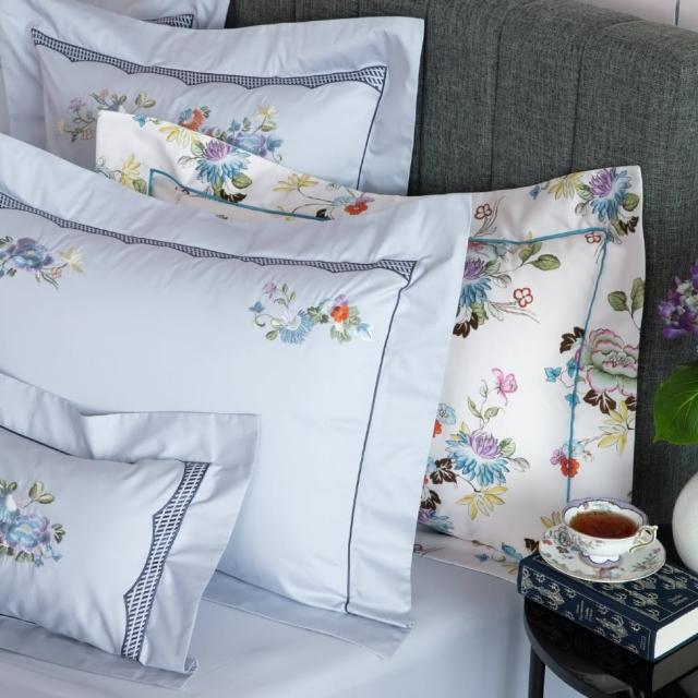 【WEDGWOOD】500織長纖棉 刺繡歐式枕套一件｜花漾美境 淡雲灰(百貨款｜51x71cm)