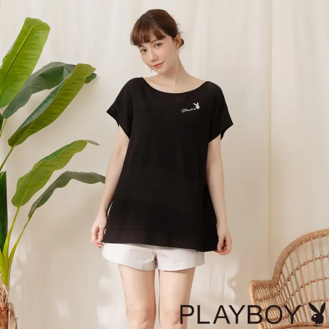 【PLAYBOY】時髦一字領異材質上衣(黑色)