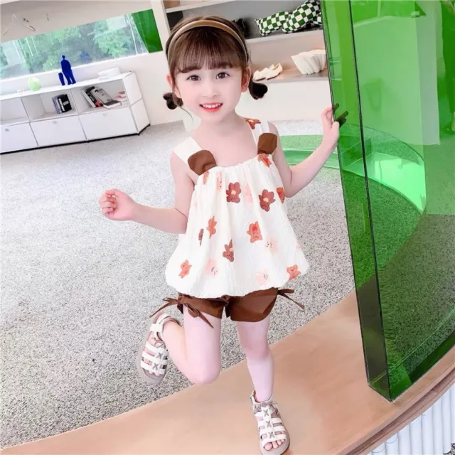 【安朵童舖】現貨韓版女童背心套裝兒童無袖兩件式套裝背心上衣短褲吊帶套裝童裝(27)