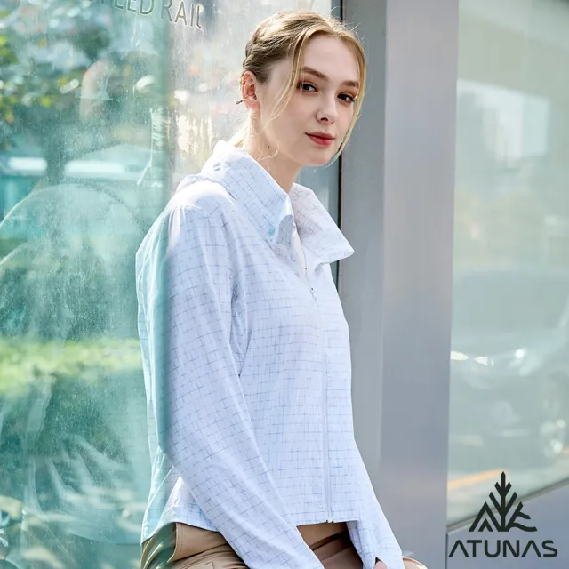 【ATUNAS 歐都納】女款蚊瘋不動涼感Q-MAX輕薄風衣外套(A1GA2510W冰藍印花/防蚊/驅蚊/防曬抗UV/戶外/休閒)