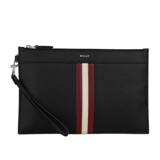 【BALLY】Bollis 再生牛皮紅白條紋大款附提把手拿包(黑色)