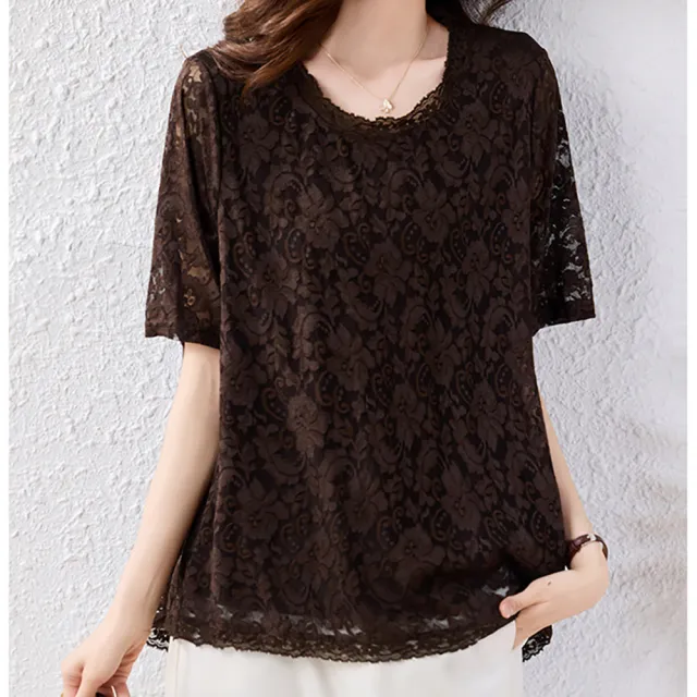 【麗質達人】5281蕾絲百搭短袖上衣-二色LY(L-5XL)