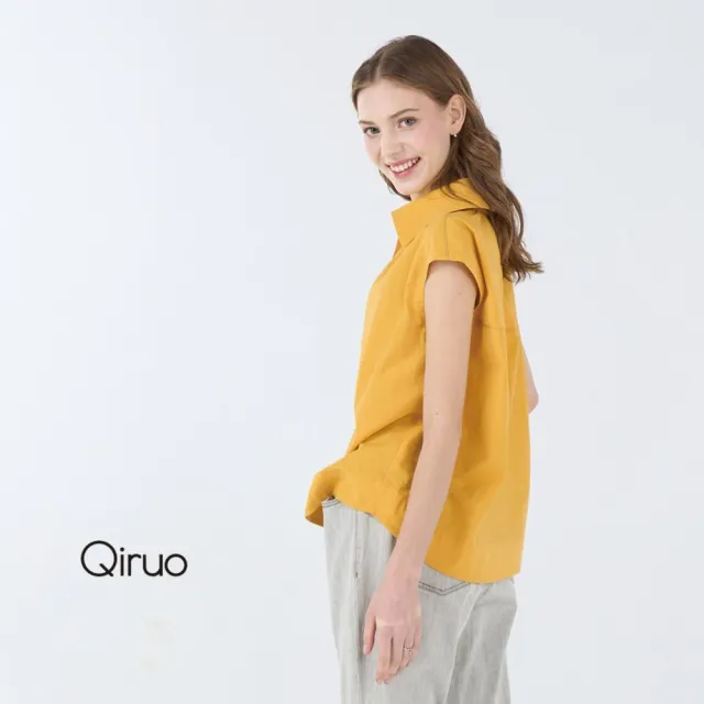 【Qiruo 奇若名品】棉麻質感 有領襯衫 V領亮黃小包袖 短版上衣7034A