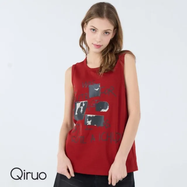 【Qiruo 奇若名品】厚棉無袖暗紅色背心上衣 胸前英文拼圖6210D