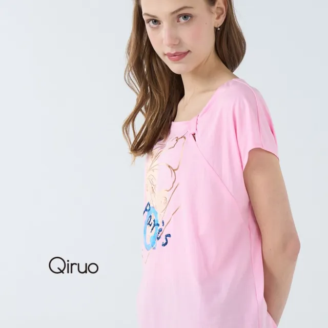 【Qiruo 奇若名品】棉質U領小包袖 胸前縫亮片粉色上衣7013A