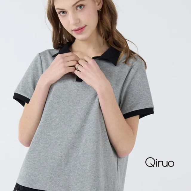 【Qiruo 奇若名品】柔軟綿 V領POLO衫灰黑短袖短版上衣7035A