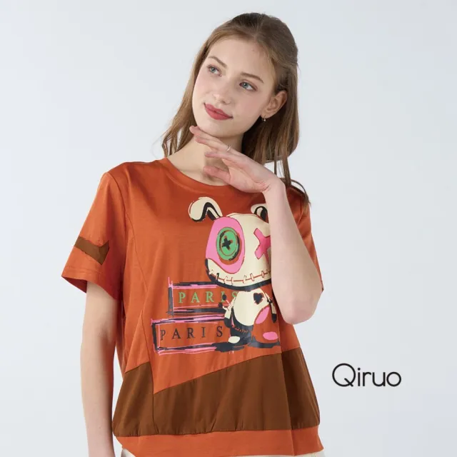 【Qiruo 奇若名品】棉質双橘色棉布料印花設計兔子短袖上衣7087A