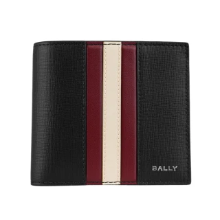 【BALLY】Mythos 紅白條紋再生牛皮對開零錢袋短夾(黑色)