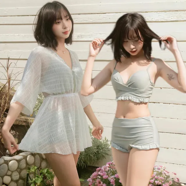 【SeasonsBikini】三件套顯瘦遮肉四角泳衣舒適飄逸罩衫組合-129 M-3XL(顯瘦泳衣多件組泳衣)